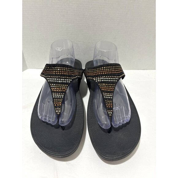 FitFlop Women Size 11 Black Strobe Luxe Toe Thong Sandals Multi Rhinestones - Picture 2 of 6